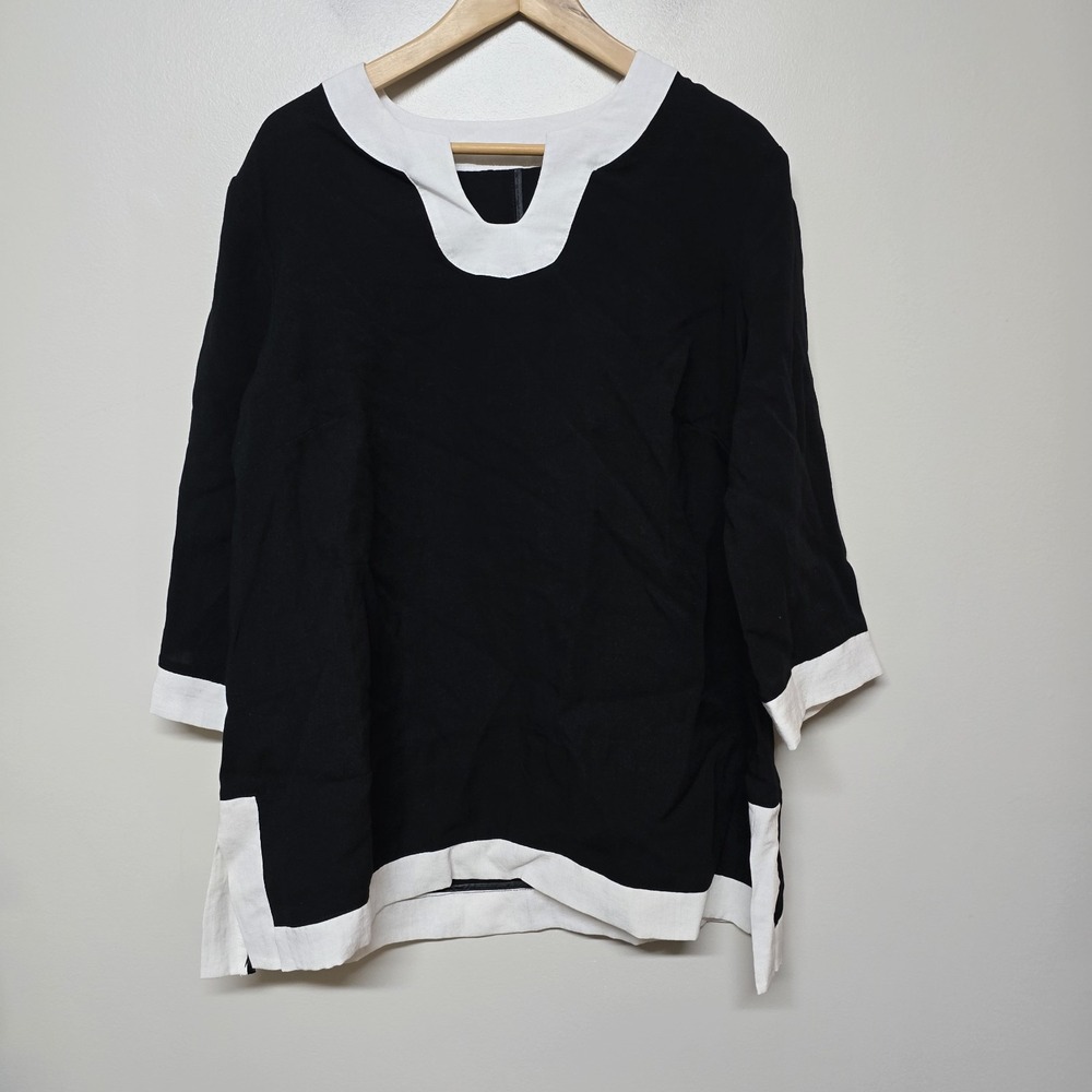 Fridaze Womens 100% Linen Black Tunic Sz L Boxy Lagenlook Artsy Resort Wear $168